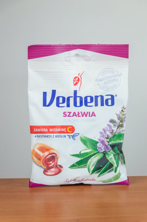 Pruszcz Gdanski, Poland - April 1, 2024: Verbena sage, herbal candy.のeditorial素材