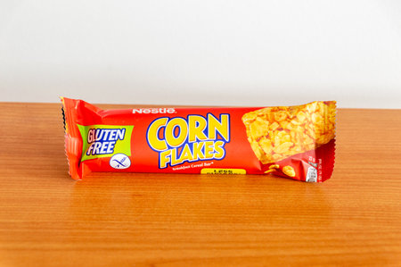 Pruszcz Gdanski, Poland - April 1, 2024: Nestle Corn flakes bar.のeditorial素材
