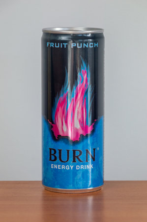 Pruszcz Gdanski, Poland - April 1, 2024: Can of Burn energy drink fruit punch.のeditorial素材