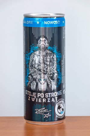 Pruszcz Gdanski, Poland - April 1, 2024: Can of energy drink with Marcin Rozalski (Rozal) picture.のeditorial素材