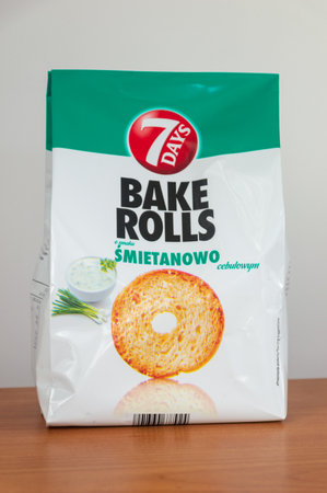 Pruszcz Gdanski, Poland - April 1, 2024: 7 Days bake rolls cream and onion flavor.のeditorial素材
