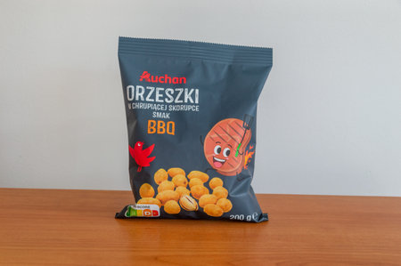 Pruszcz Gdanski, Poland - April 1, 2024: Auchan BBQ flavor peanuts.のeditorial素材