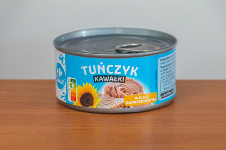 Pruszcz Gdanski, Poland - April 1, 2024: Carrefour tuna in sunflower oil.のeditorial素材