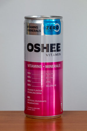 Pruszcz Gdanski, Poland - April 1, 2024: Can of Oshee vitamin plus minerals wihout sugar.のeditorial素材