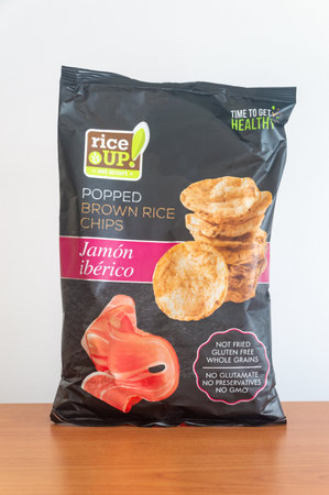 Pruszcz Gdanski, Poland - April 1, 2024: RiceUP, Brown Rice Chips, Jamon Iberico.のeditorial素材