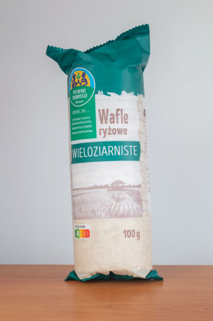 Pruszcz Gdanski, Poland - April 1, 2024: Auchan multigrain rice wafers.のeditorial素材
