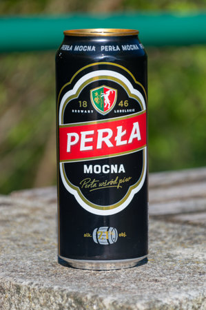 Bernau bei Berlin, Germany - April 21, 2024: Can of Perla Mocna beer.のeditorial素材