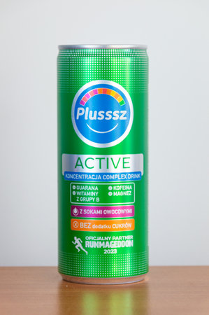 Pruszcz Gdanski, Poland - May 11, 2024: Can of Plusssz Active drink.のeditorial素材