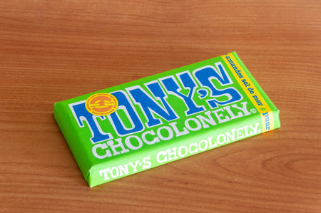 Pruszcz Gdanski, Poland - May 11, 2024: Bar of Tony's chocolate with almonds and sea salt.のeditorial素材