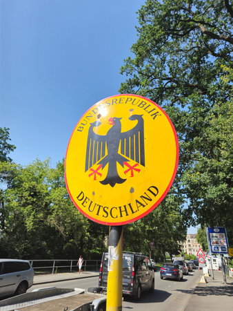 Gorlitz, Germany - June 29, 2024: Border sign of Germany (Deutschland).のeditorial素材