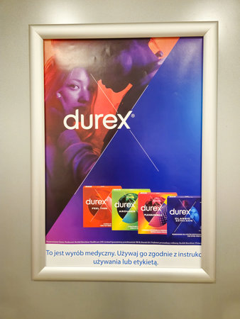 Czechowice-Dziedzice, Poland - July 14, 2024: Advertisement of Durex brand of condoms.のeditorial素材