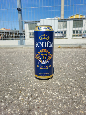Breclav, Czechia - July 27, 2024: Can of Krusovice Bohem 37 Lezak beer.のeditorial素材