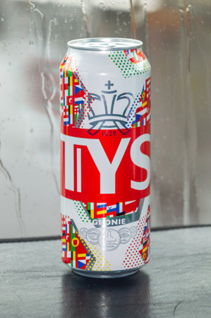 Ansfelden, Austria - June 2, 2024: Tyskie beer. Can edition for 2024 UEFA European Football Championship.のeditorial素材