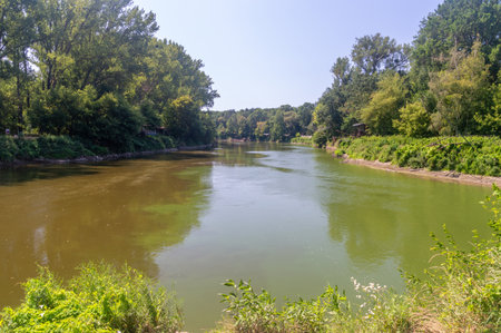 Border river. Border of three countries in Europe's Schengen Area (Czech Republic, Slovakia and Austria). Border site of Slovenia, Austria, Czechia.の写真素材