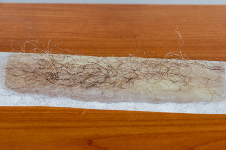 Used body depilation wax strip with pubic hair.の写真素材