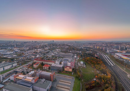Prague, Czech Republic - November 8, 2025: Aerial view of outskirts of Prague at sunset time.のeditorial素材