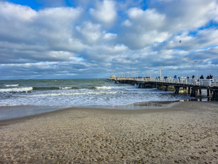 Sopot, Poland - December 28, 2025: View on Wooden pier of Pope John Paul II at winter windy day.のeditorial素材