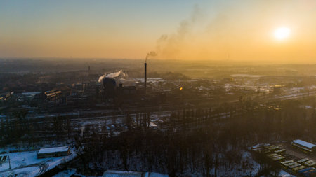 Bytom, Poland - January 17, 2026: Aerial industrial view with Bytom coking plant at sunset.のeditorial素材