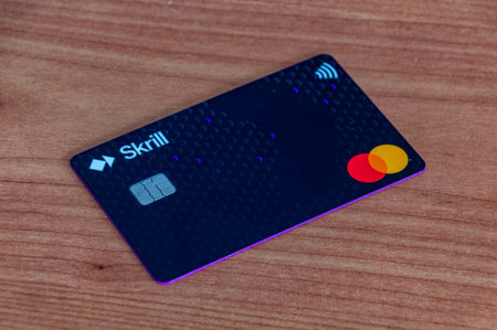 Pruszcz Gdanski, Poland- February 7, 2026: Skrill Prepaid Mastercard card.