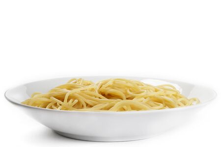 one plate with spaghetti from front on white backgroundの写真素材