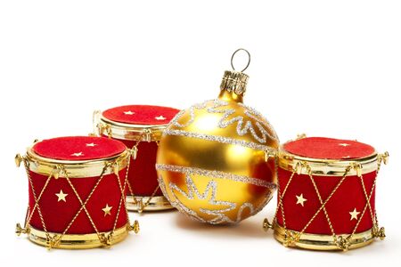 christmas ball and red drum ornaments on white backgroundの写真素材