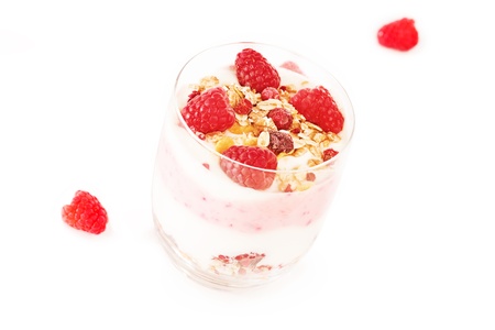 raspberry yoghurt muesli from top on white backgroundの写真素材