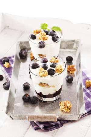 yoghurt dessert with blueberries on a metal trayの写真素材