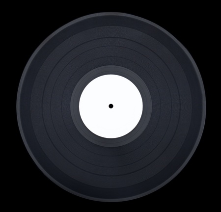 Straight on shot of a vinyl record on blackの写真素材