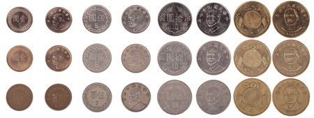 Large pile of Taiwanese coins shot from straight above. The pile includes 1, 5, 10 and 50 New Taiwan...