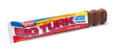 Toronto, Canada - May 10, 2012: This is a studio shot of Big Turk turkish delight chocolate candy made by Nestle isolated on a white background.のeditorial素材
