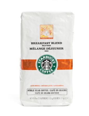 Taipei, Taiwan - January 9, 2012: This is a studio shot of a bag of Starbucks brand breakfast blend coffee beans isolated on white.のeditorial素材