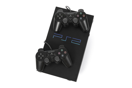 Taipei, Taiwan - February 18, 2018: A studio shot of a Sony Playstation 2 system with controllers...