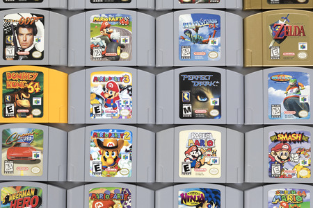 Taipei, Taiwan - February 18, 2018: A studio shot of a Nintendo 64 games on a white background.