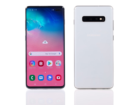 Taipei, Taiwan - March 7, 2019: A studio shot of the new Samsung Galaxy S10+ cellphone on a...