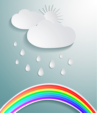 Abstract 3D paper cloud with drops and rainbowのイラスト素材