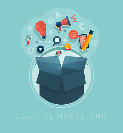 Box with cloud of colorful application icons on media theme. Digital marketing concept.のイラスト素材