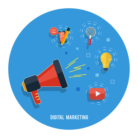 Digital marketing concept. Flat design stylish megaphone with application iconsのイラスト素材