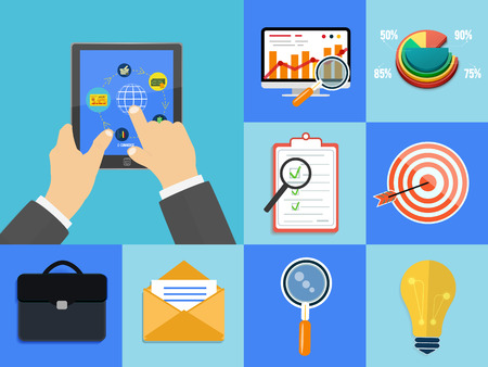 Set of various financial service items, business management symbol, marketing items and office equipmentのイラスト素材