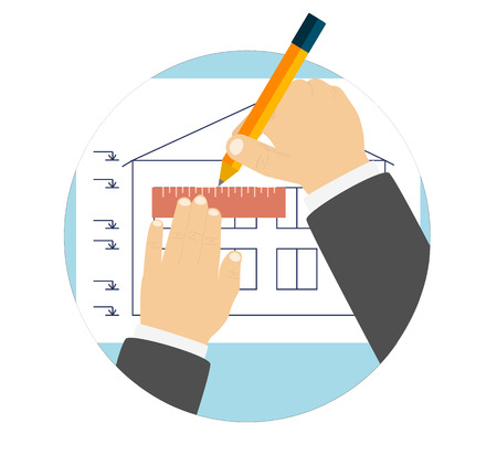 Hands with pencil design and architecture house in flat designのイラスト素材