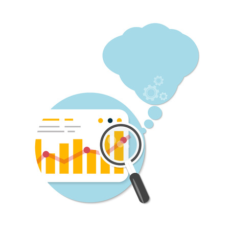 Magnifying glass and chart with bubble on white background. Business concept of analyzing in flat designのイラスト素材