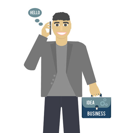 Business idea concept. Businessman standing talking on the phone and holding a briefcase in hand in flat designのイラスト素材