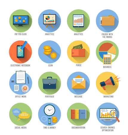 Set for web and mobile applications of office work, social media, seo search optimization, pay per click, analysis of documents, purse, time is money, marketing concepts items icons in flat designのイラスト素材