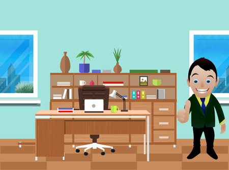 Business idea concept. Businessman standing in office and holding thumbs up in flat designのイラスト素材