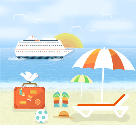 Icons set of traveling, planning a summer vacation, tourism and journey objects and passenger luggage in flat design. Different types of travel. Business world travel conceptのイラスト素材