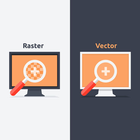 Difference between vector and raster format shown on the monitorsのイラスト素材