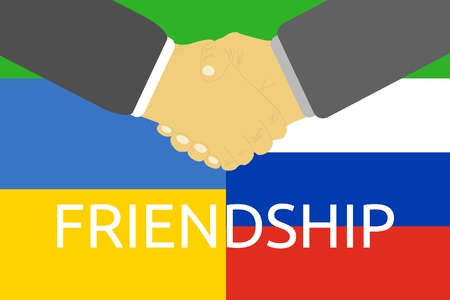 Russia and Ukraine friendship and crisis. Russia and Ukraine flags and handshake in flat designのイラスト素材
