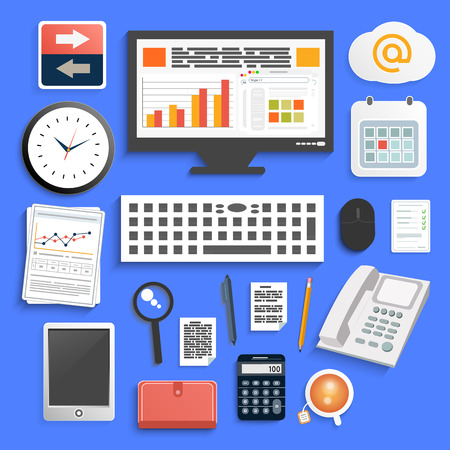 Office and business work elements set. Set for web and mobile applications in flat designのイラスト素材