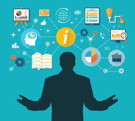 Business man and colorful icons. Businessman with touch screen icons. Winner in business administration and management timeのイラスト素材