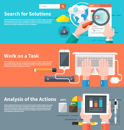 Search for solutions infographic. Concept of businessman using mobile phone for internet browsing, email correspondence and other business task. Analytics information and process of developmentのイラスト素材