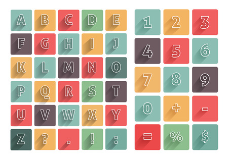 Flat alphabet A-Z icons multicolor set with long shadow. Calculator mathematics numbersのイラスト素材